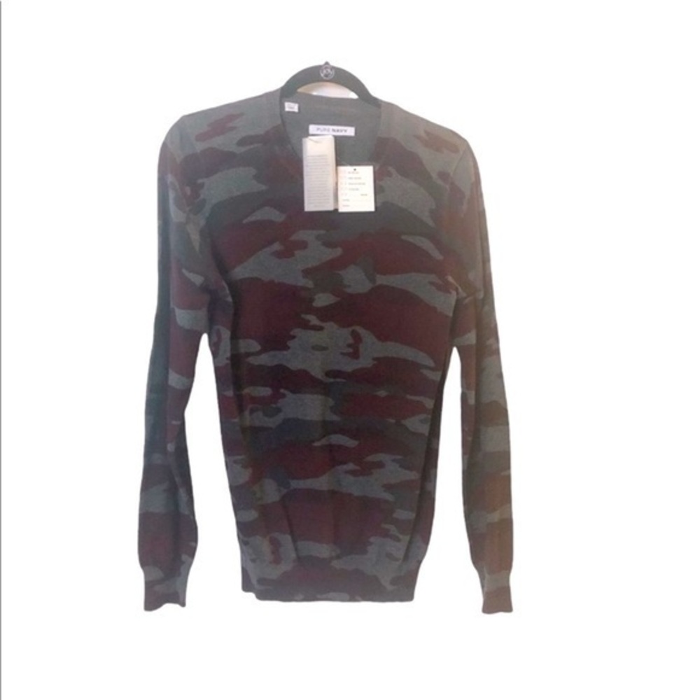 🎁 NWT! Pure Navy burgundy & gray camo 100% cotton crew neck thin sweater, S